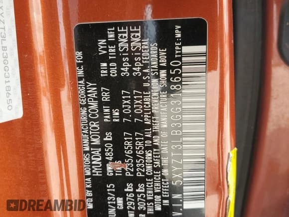 ✅ 2016 Hyundai Santa Fe • VIN: 5XYZT3LB3GG318650 • Lot: 87057575. Listed on Copart with Not provided. Free auction sales archive from the USA and detailed vehicle history report at DreamBid. Image 13.