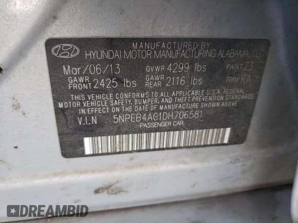 ✅ 2013 Hyundai Sonata GLS • VIN: 5NPEB4AC1DH706581 • Lot: 69019954. Listed on Copart with 119,497 mi. Free auction sales archive from the USA and detailed vehicle history report at DreamBid. Image 13.