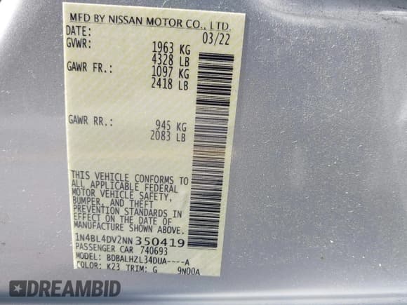 ✅ 2022 Nissan Altima SV • VIN: 1N4BL4DV2NN350419 • Lot: 43417394. Listed on IAAI with 61,117 mi. Free auction sales archive from the USA and detailed vehicle history report at DreamBid. Image 9.