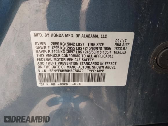 ✅ 2017 Honda Pilot EX-L • VIN: 5FNYF6H56HB078879 • Lot: 42278312. Listed on IAAI with 105,608 mi. Free auction sales archive from the USA and detailed vehicle history report at DreamBid. Image 9.