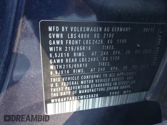 ✅ 2012 Volkswagen Tiguan S • VIN: WVGAV7AX3CW525626 • Лот: 43679915. Опубликован ранее на IAAI с пробегом 119 434 миль. Бесплатный доступ к архиву аукционных продаж из США и подробный отчёт об истории автомобиля на DreamBid. Изображение 9.