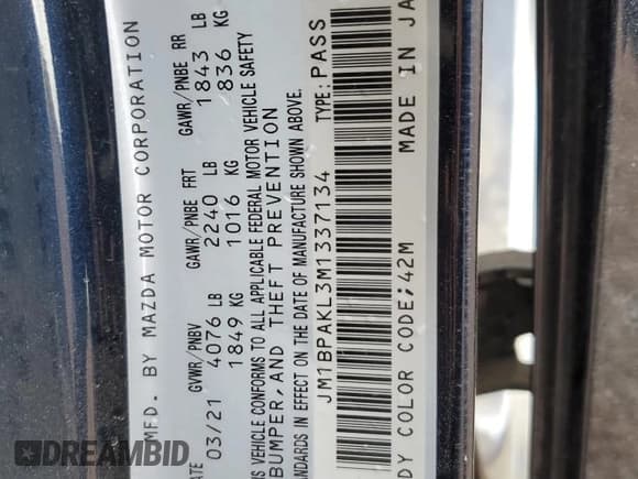 ✅ 2021 Mazda 3 Select • VIN: JM1BPAKL3M1337134 • Lot: 42816995. Listed on Copart with 82,334 mi. Free auction sales archive from the USA and detailed vehicle history report at DreamBid. Image 15.