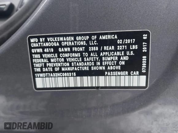 ✅ 2017 Volkswagen Passat R-Line • VIN: 1VWDT7A32HC060315 • Lot: 43665400. Listed on IAAI with 58,565 mi. Free auction sales archive from the USA and detailed vehicle history report at DreamBid. Image 9.