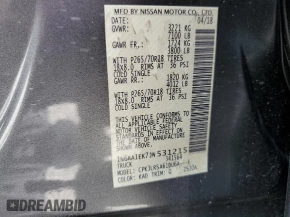 ✅ 2018 Nissan Titan S • VIN: 1N6AA1EK7JN531215 • Lot: 82222925. Listed on Copart with 105,872 mi. Free auction sales archive from the USA and detailed vehicle history report at DreamBid. Image 13.