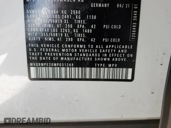 ✅ 2021 Volkswagen ID.4 Pro • VIN: WVGRMPE20MP031269 • Lot: 59055055. Listed on Copart with 68,231 mi. Free auction sales archive from the USA and detailed vehicle history report at DreamBid. Image 13.