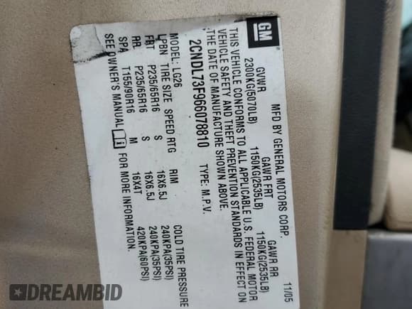 ✅ 2006 Chevrolet Equinox LT • VIN: 2CNDL73F966078810 • Лот: 47037185. Опубликован ранее на Copart с пробегом Не указан. Бесплатный доступ к архиву аукционных продаж из США и подробный отчёт об истории автомобиля на DreamBid. Изображение 13.