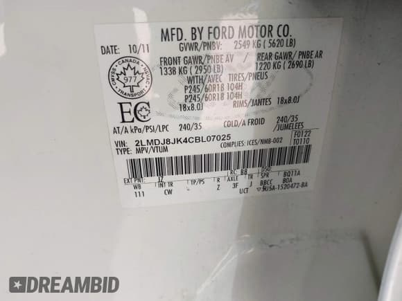 ✅ 2012 Lincoln MKX • VIN: 2LMDJ8JK4CBL07025 • Lot: 43119455. Listed on IAAI with 192,265 mi. Free auction sales archive from the USA and detailed vehicle history report at DreamBid. Image 9.