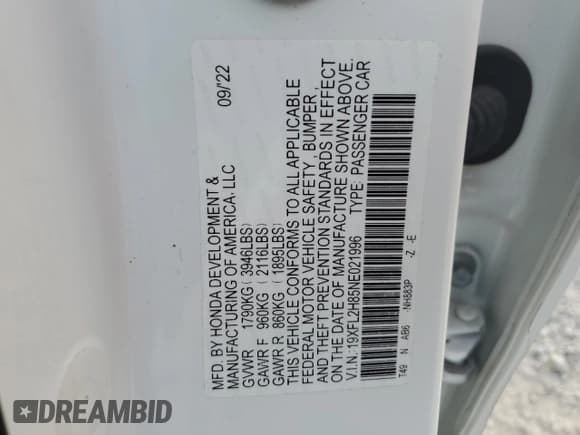 ✅ 2022 Honda Civic Sport • VIN: 19XFL2H85NE021996 • Лот: 93715115. Опубликован ранее на Copart с пробегом 68 564 миль. Бесплатный доступ к архиву аукционных продаж из США и подробный отчёт об истории автомобиля на DreamBid. Изображение 12.