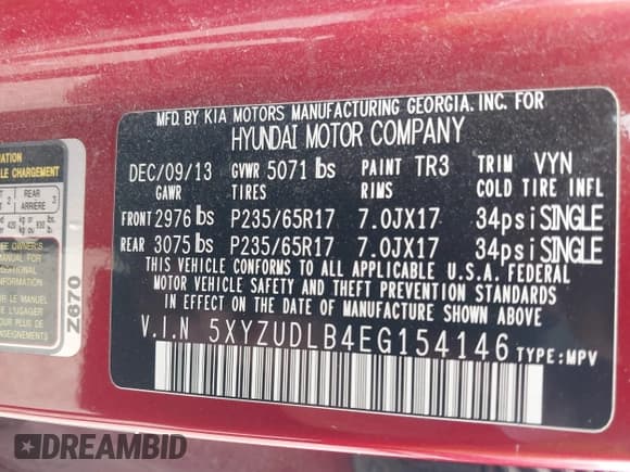 ✅ 2014 Hyundai Santa Fe • VIN: 5XYZUDLB4EG154146 • Lot: 43234913. Listed on IAAI with 184,050 mi. Free auction sales archive from the USA and detailed vehicle history report at DreamBid. Image 9.