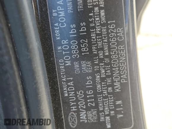 ✅ 2005 Hyundai Elantra GLS • VIN: KMHDN46D85U069261 • Lot: 68896015. Wystawiony na Copart z przebiegiem Nie podano. Bezpłatny archiwum sprzedaży aukcyjnych z USA i szczegółowy raport historii pojazdu na DreamBid. Zdjęcie 12.