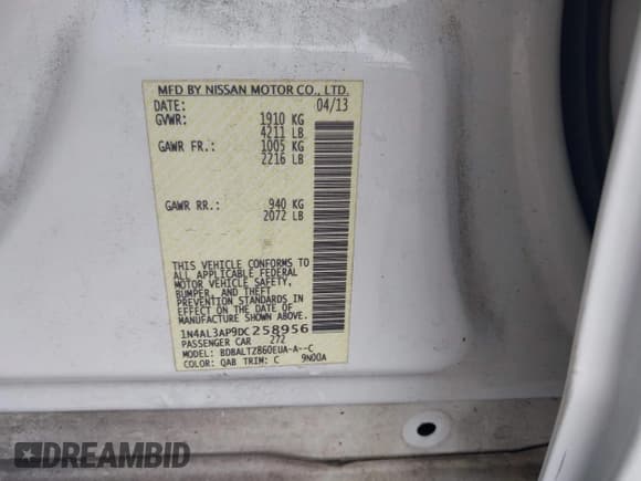 ✅ 2013 Nissan Altima SV • VIN: 1N4AL3AP9DC258956 • Lot: 42231130. Listed on IAAI with 138,484 mi. Free auction sales archive from the USA and detailed vehicle history report at DreamBid. Image 9.