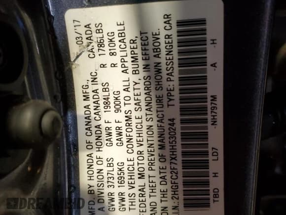 ✅ 2017 Honda Civic EX • VIN: 2HGFC2F7XHH530244 • Лот: 92415955. Опубликован ранее на Copart с пробегом Не указан. Бесплатный доступ к архиву аукционных продаж из США и подробный отчёт об истории автомобиля на DreamBid. Изображение 12.