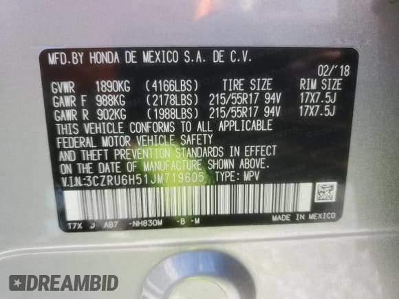 ✅ 2018 Honda HR-V EX • VIN: 3CZRU6H51JM719605 • Лот: 92378215. Опубликован ранее на Copart с пробегом 51 525 миль. Бесплатный доступ к архиву аукционных продаж из США и подробный отчёт об истории автомобиля на DreamBid. Изображение 13.