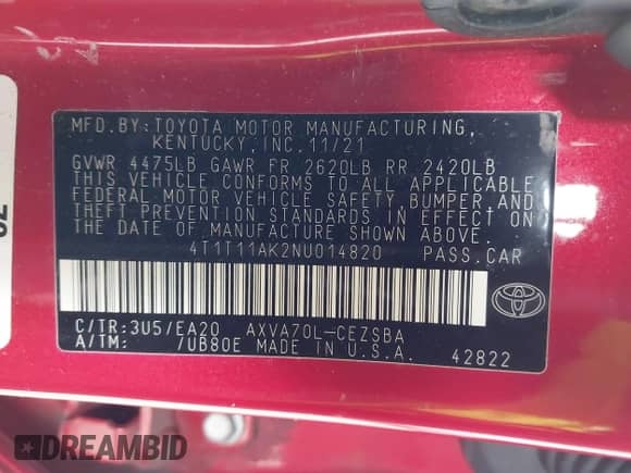 2022 Toyota Camry SE z VIN 4T1T11AK2NU014820, wystawiony jako IAAI lot #43348665 z przebiegiem 91 916 mil mil oraz . Historia ofert i sprzedaży dostępna na DreamBid. Obrazek 9.