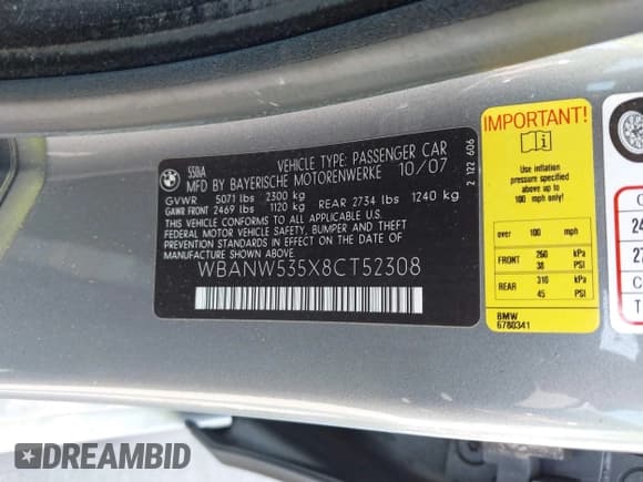 ✅ 2008 BMW 5 Series 550i • VIN: WBANW535X8CT52308 • Lot: 43088468. Listed on IAAI with 144,732 mi. Free auction sales archive from the USA and detailed vehicle history report at DreamBid. Image 9.