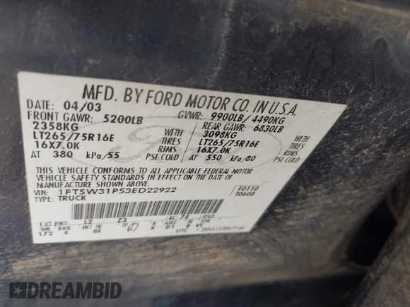 ✅ 2003 Ford F-350 XL • VIN: 1FTSW31P53ED22922 • Lot: 42086364. Listed on IAAI with 310,073 mi. Free auction sales archive from the USA and detailed vehicle history report at DreamBid. Image 9.