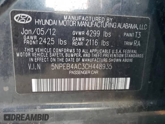 2012 Hyundai Sonata GLS с VIN 5NPEB4AC3CH448935, выставлен на аукционе Copart как лот 90266885 с пробегом Не указан миль и Списание • Salvage title. История ставок и продаж доступна на DreamBid. Изображение 13.