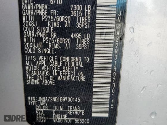 ✅ 2011 Infiniti QX56 8-passenger • VIN: JN8AZ2ND1B9700145 • Lot: 57532755. Listed on Copart with 138,592 mi. Free auction sales archive from the USA and detailed vehicle history report at DreamBid. Image 13.