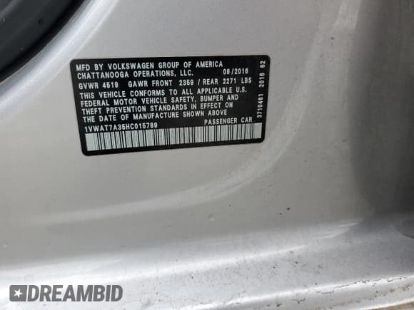 ✅ 2017 Volkswagen Passat S • VIN: 1VWAT7A35HC015789 • Lot: 85419975. Listed on Copart with 86,615 mi. Free auction sales archive from the USA and detailed vehicle history report at DreamBid. Image 12.