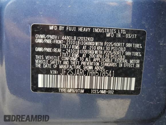 2017 Subaru Forester Limited with VIN JF2SJARC7HH578541, listed as a Copart auction lot 66165185 with 61,085 mi miles and Salvage title. Bid and sale history available at DreamBid. Image 13.