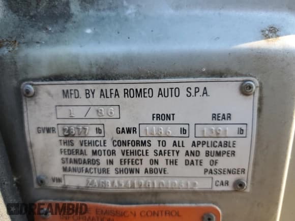 ✅ 1986 Alfa Romeo Spider Veloce • VIN: ZARBA5419G1040612 • Lot: 42347965. Listed on Copart with 84,485 mi. Free auction sales archive from the USA and detailed vehicle history report at DreamBid. Image 12.