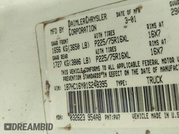 2001 Dodge 1500 with VIN 1B7HC16Y01S248395, listed as a IAAI auction lot 42021002 with 216,482 mi miles and . Bid and sale history available at DreamBid. Image 9.