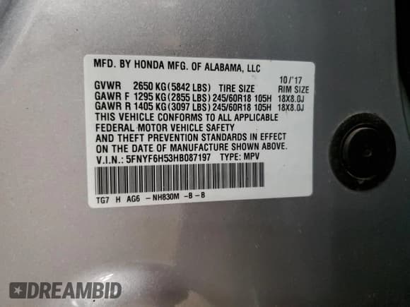 ✅ 2017 Honda Pilot EX-L • VIN: 5FNYF6H53HB087197 • Lot: 91640005. Listed on Copart with 112,028 mi. Free auction sales archive from the USA and detailed vehicle history report at DreamBid. Image 14.