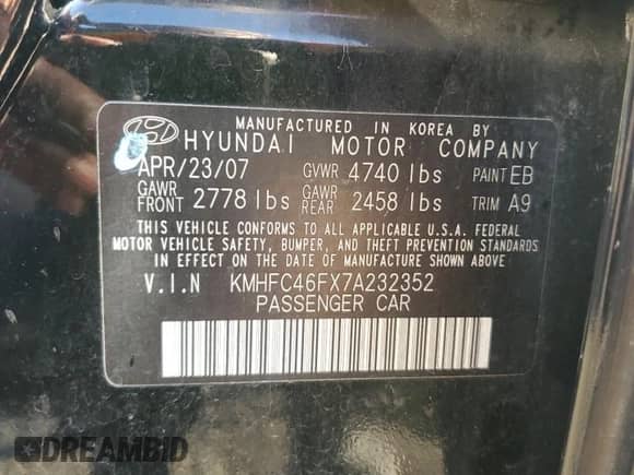 2007 Hyundai Azera SE with VIN KMHFC46FX7A232352, listed as a Copart auction lot 46860985 with 171,142 mi miles and Salvage title. Bid and sale history available at DreamBid. Image 12.