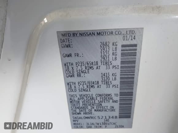 ✅ 2014 Infiniti QX60 • VIN: 5N1AL0MN9EC521348 • Lot: 43777864. Listed on IAAI with 152,003 mi. Free auction sales archive from the USA and detailed vehicle history report at DreamBid. Image 9.