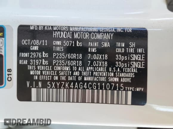 ✅ 2012 Hyundai Santa Fe Limited • VIN: 5XYZK4AG4CG110715 • Lot: 72454354. Listed on Copart with 64,514 mi. Free auction sales archive from the USA and detailed vehicle history report at DreamBid. Image 13.