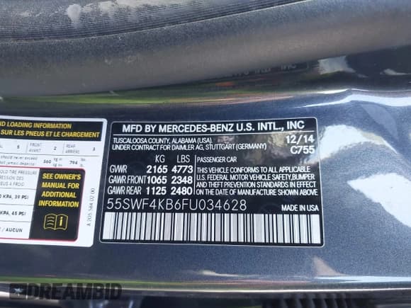 ✅ 2015 Mercedes-Benz C 300 Luxury • VIN: 55SWF4KB6FU034628 • Lot: 43453101. Listed on IAAI with 56,079 mi. Free auction sales archive from the USA and detailed vehicle history report at DreamBid. Image 9.