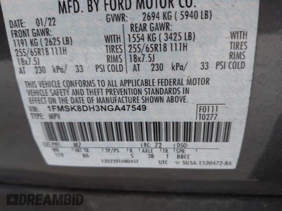 ✅ 2022 Ford Explorer XLT • VIN: 1FMSK8DH3NGA47549 • Lot: 43658425. Wystawiony na IAAI z przebiegiem 69 613 mil. Bezpłatny archiwum sprzedaży aukcyjnych z USA i szczegółowy raport historii pojazdu na DreamBid. Zdjęcie 9.