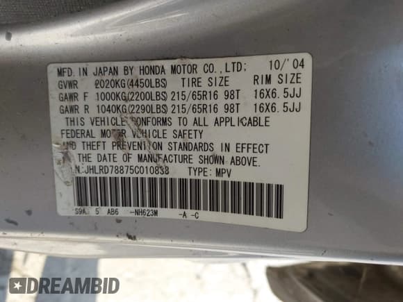 ✅ 2005 Honda CR-V EX • VIN: JHLRD78875C010838 • Lot: 43761589. Wystawiony na IAAI z przebiegiem 204 848 mil. Bezpłatny archiwum sprzedaży aukcyjnych z USA i szczegółowy raport historii pojazdu na DreamBid. Zdjęcie 9.