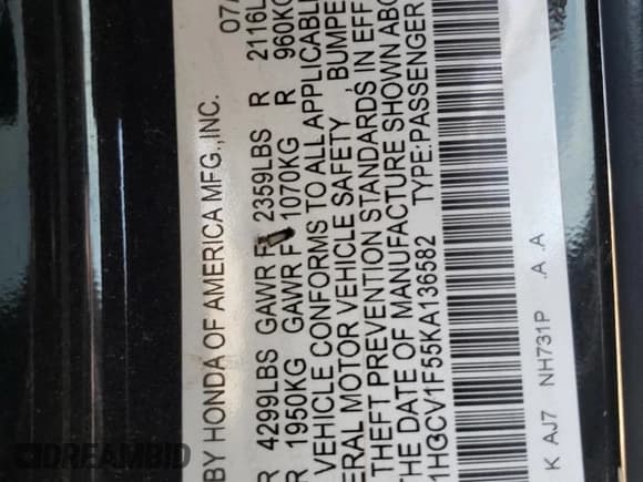 ✅ 2019 Honda Accord EX-L • VIN: 1HGCV1F55KA136582 • Lot: 80823055. Wystawiony na Copart z przebiegiem 69 973 mil. Bezpłatny archiwum sprzedaży aukcyjnych z USA i szczegółowy raport historii pojazdu na DreamBid. Zdjęcie 12.