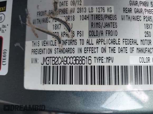 ✅ 2012 Mazda CX-9 Touring • VIN: JM3TB2CA9C0368616 • Lot: 42867246. Listed on IAAI with 194,448 mi. Free auction sales archive from the USA and detailed vehicle history report at DreamBid. Image 9.