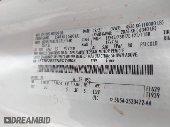 ✅ 2022 Ford F-250 XL • VIN: 1FTBF2B67NEC74908 • Лот: 42797919. Опубликован ранее на IAAI с пробегом 167 828 миль. Бесплатный доступ к архиву аукционных продаж из США и подробный отчёт об истории автомобиля на DreamBid. Изображение 9.