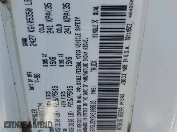 1999 Dodge Dakota SLT z VIN 1B7GL22Y6XS108819, wystawiony jako Copart lot #70400164 z przebiegiem Nie podano mil oraz Szkoda całkowita • Salvage title. Historia ofert i sprzedaży dostępna na DreamBid. Obrazek 12.