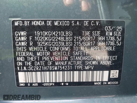 ✅ 2025 Honda HR-V EX-L • VIN: 3CZRZ1H78SM754231 • Lot: 42725164. Listed on IAAI with 1,842 mi. Free auction sales archive from the USA and detailed vehicle history report at DreamBid. Image 9.