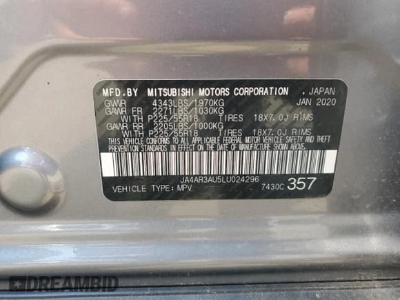 ✅ 2020 Mitsubishi Outlander ES • VIN: JA4AR3AU5LU024296 • Lot: 67610205. Listed on Copart with 101,812 mi. Free auction sales archive from the USA and detailed vehicle history report at DreamBid. Image 13.