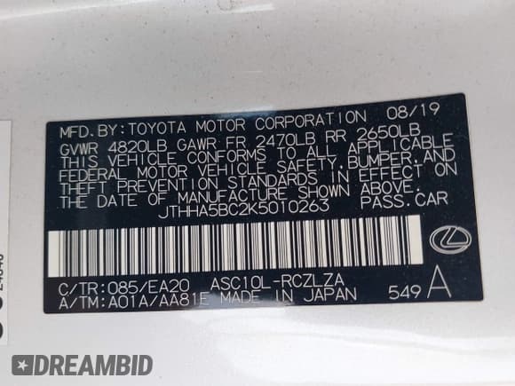 ✅ 2019 Lexus RC 300 • VIN: JTHHA5BC2K5010263 • Lot: 43398730. Listed on IAAI with 144,219 mi. Free auction sales archive from the USA and detailed vehicle history report at DreamBid. Image 9.