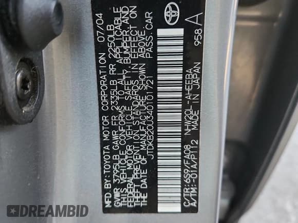 ✅ 2004 Toyota Prius • VIN: JTDKB20U340101721 • Lot: 92786185. Listed on Copart with 294,281 mi. Free auction sales archive from the USA and detailed vehicle history report at DreamBid. Image 12.