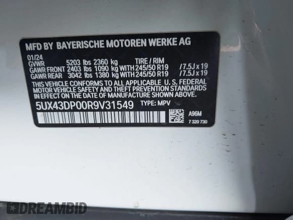 ✅ 2024 BMW X3 sDrive30i • VIN: 5UX43DP00R9V31549 • Lot: 43640768. Listed on IAAI with 45,633 mi. Free auction sales archive from the USA and detailed vehicle history report at DreamBid. Image 9.