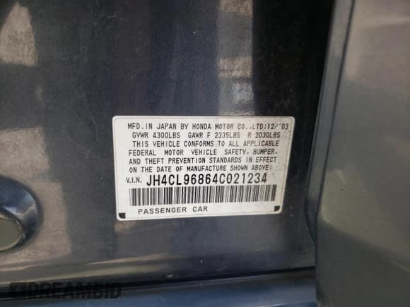 ✅ 2004 Acura TSX • VIN: JH4CL96864C021234 • Lot: 70599164. Listed on Copart with 163,404 mi. Free auction sales archive from the USA and detailed vehicle history report at DreamBid. Image 12.