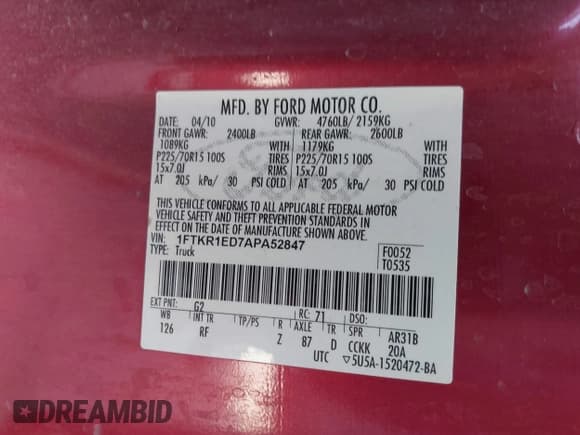 ✅ 2010 Ford Ranger XL • VIN: 1FTKR1ED7APA52847 • Lot: 43208284. Listed on IAAI with 171,031 mi. Free auction sales archive from the USA and detailed vehicle history report at DreamBid. Image 9.