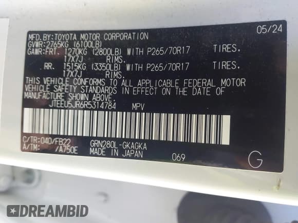 ✅ 2024 Toyota 4Runner SR5 • VIN: JTEEU5JR6R5314784 • Lot: 43880179. Listed on IAAI with 34,212 mi. Free auction sales archive from the USA and detailed vehicle history report at DreamBid. Image 9.