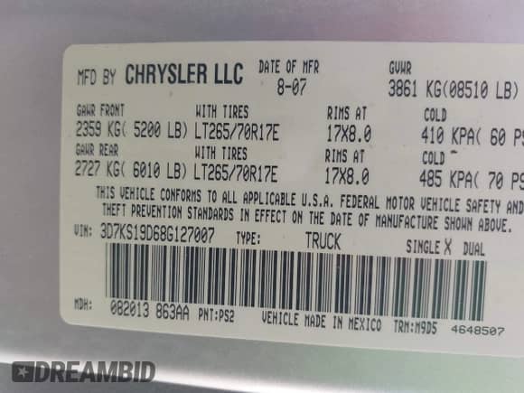 2008 Dodge 1500 SLT with VIN 3D7KS19D68G127007, listed as a IAAI auction lot 43111391 with 146,998 mi miles and . Bid and sale history available at DreamBid. Image 9.
