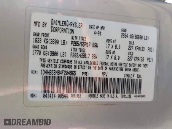 ✅ 2004 Dodge Durango Limited • VIN: 1D4HB58N84F204965 • Лот: 43671070. Опубликован ранее на IAAI с пробегом 400 827 миль. Бесплатный доступ к архиву аукционных продаж из США и подробный отчёт об истории автомобиля на DreamBid. Изображение 9.