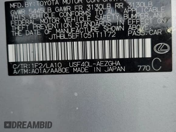 ✅ 2012 Lexus LS 460 • VIN: JTHBL5EF1C5111172 • Лот: 68226485. Опубликован ранее на Copart с пробегом 116 568 миль. Бесплатный доступ к архиву аукционных продаж из США и подробный отчёт об истории автомобиля на DreamBid. Изображение 12.