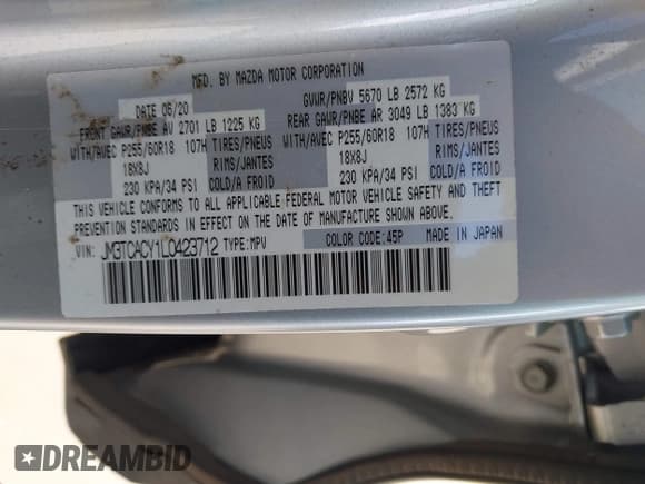 ✅ 2020 Mazda CX-9 Touring • VIN: JM3TCACY1L0423712 • Lot: 43384085. Wystawiony na IAAI z przebiegiem 47 215 mil. Bezpłatny archiwum sprzedaży aukcyjnych z USA i szczegółowy raport historii pojazdu na DreamBid. Zdjęcie 9.