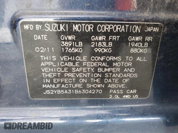 ✅ 2011 Suzuki SX4 Crossover • VIN: JS2YB5A31B6304270 • Лот: 68343345. Опубликован ранее на Copart с пробегом 122 830 миль. Бесплатный доступ к архиву аукционных продаж из США и подробный отчёт об истории автомобиля на DreamBid. Изображение 12.